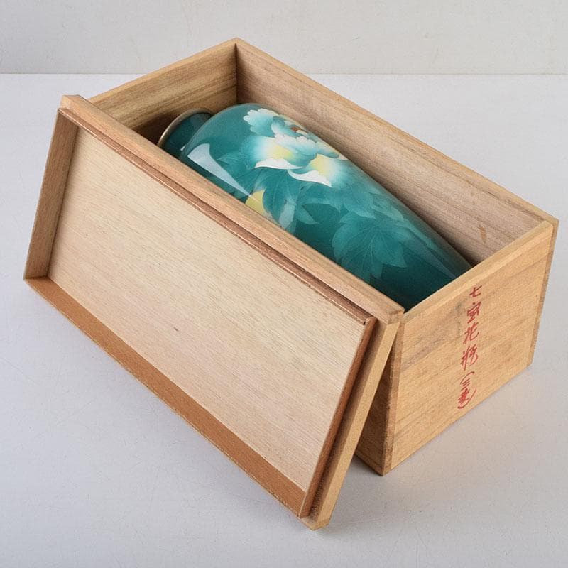 七宝焼　緑釉　花文　花瓶　共箱　V　R9334
