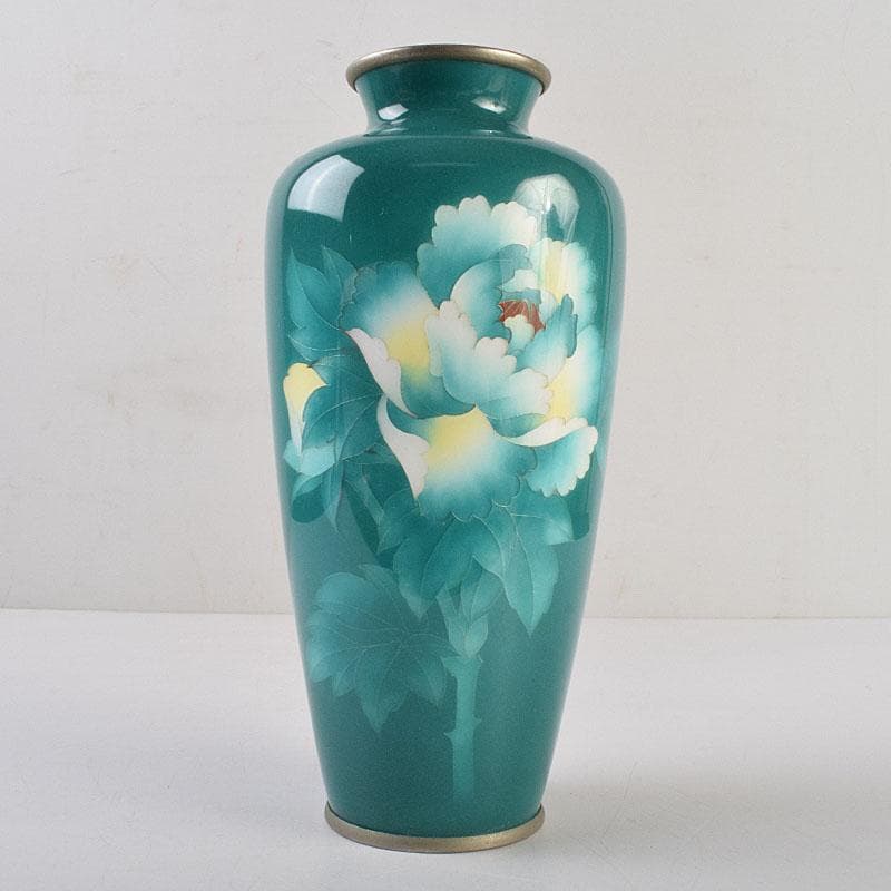 七宝焼　緑釉　花文　花瓶　共箱　V　R9334