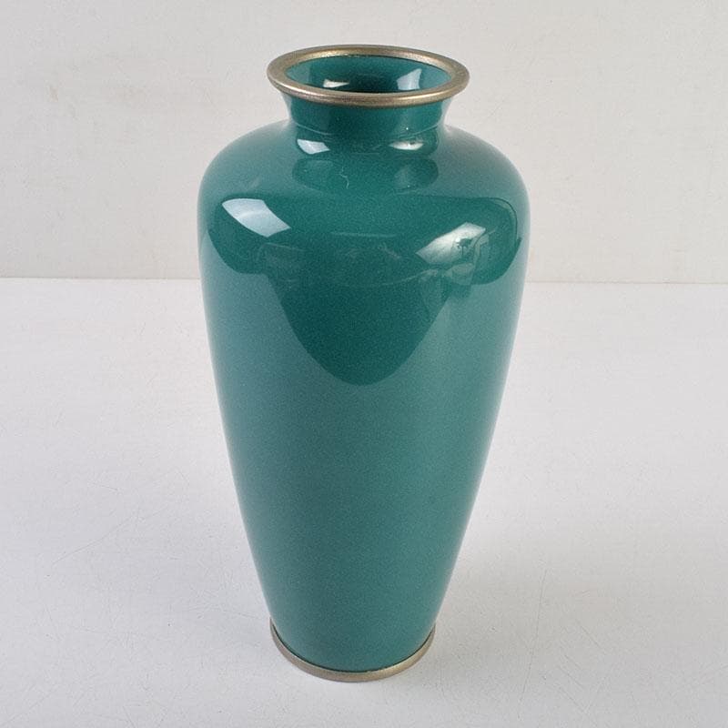 七宝焼　緑釉　花文　花瓶　共箱　V　R9334