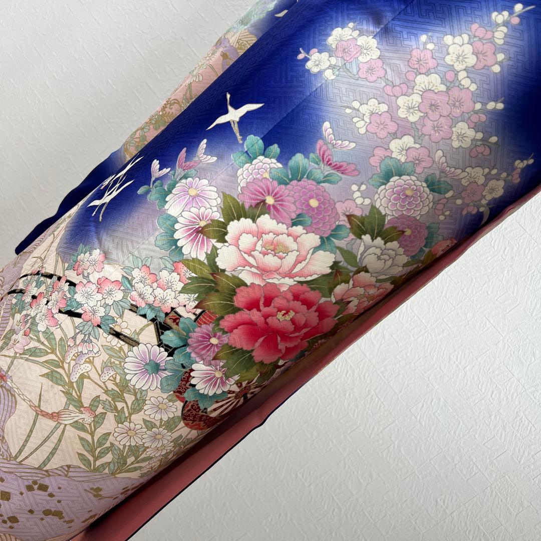 467 振袖フルセット 正絹 濃青 ブルー やまと誂え 金彩 暈し染め 華やか