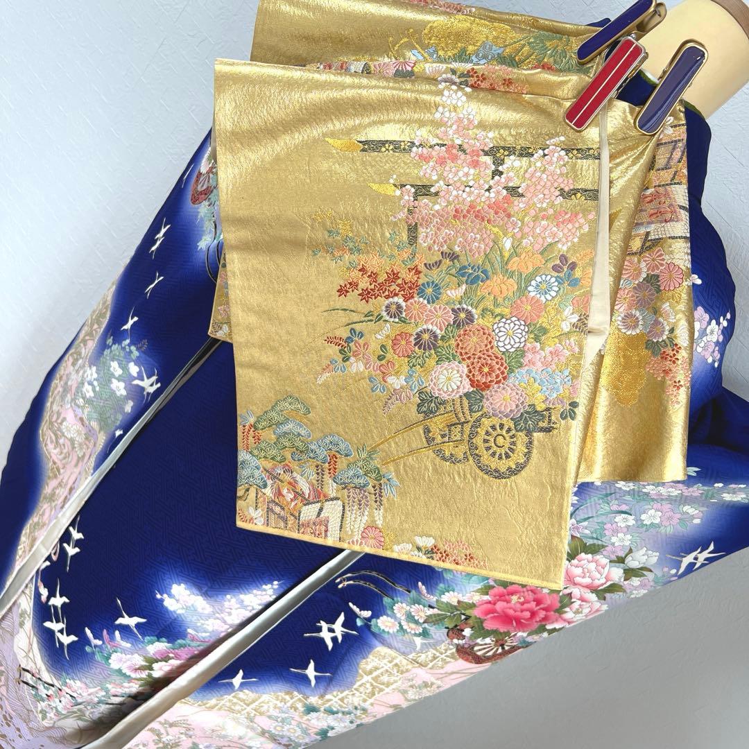 467 振袖フルセット 正絹 濃青 ブルー やまと誂え 金彩 暈し染め 華やか