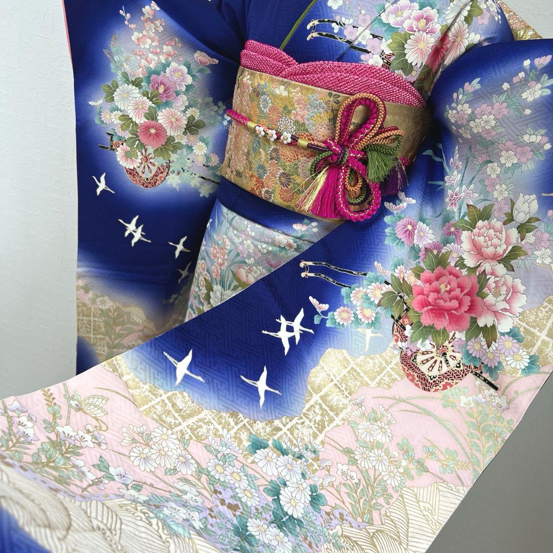 467 振袖フルセット 正絹 濃青 ブルー やまと誂え 金彩 暈し染め 華やか