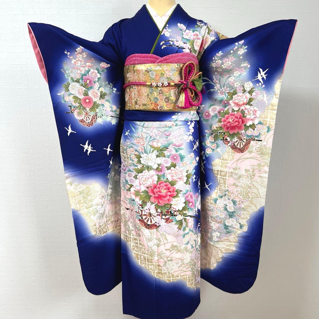 467 振袖フルセット 正絹 濃青 ブルー やまと誂え 金彩 暈し染め 華やか
