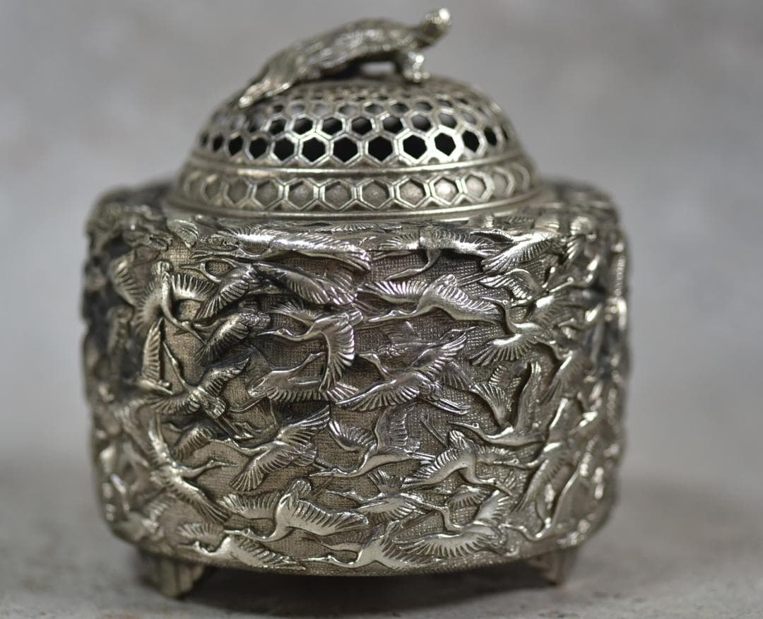 宏采造　華鶴紋香炉　白銅　共箱