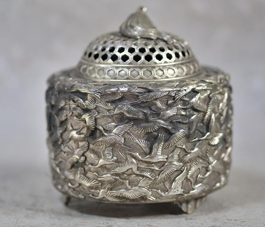 宏采造　華鶴紋香炉　白銅　共箱