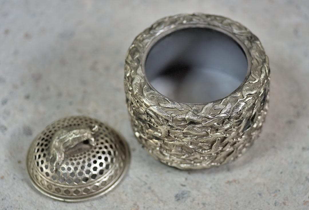 宏采造　華鶴紋香炉　白銅　共箱