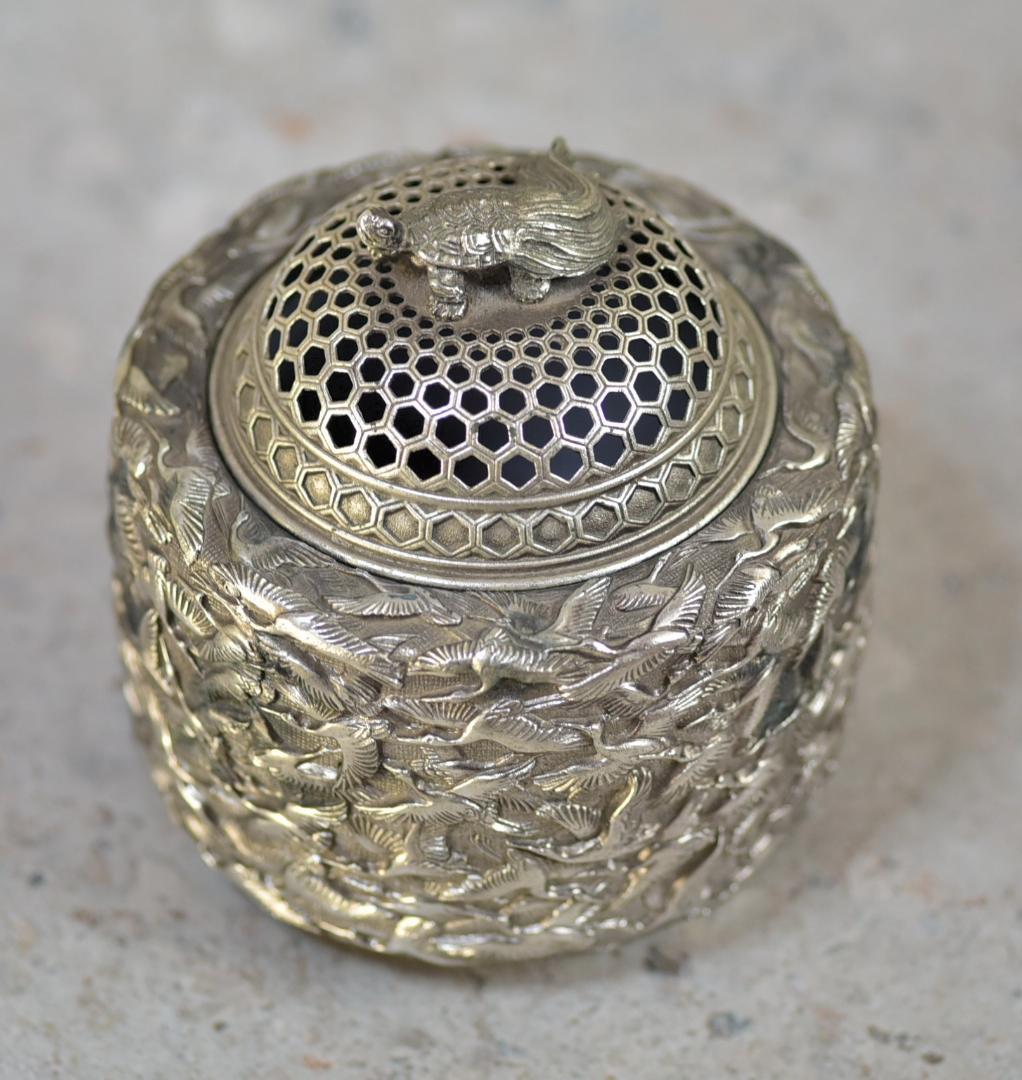 宏采造　華鶴紋香炉　白銅　共箱