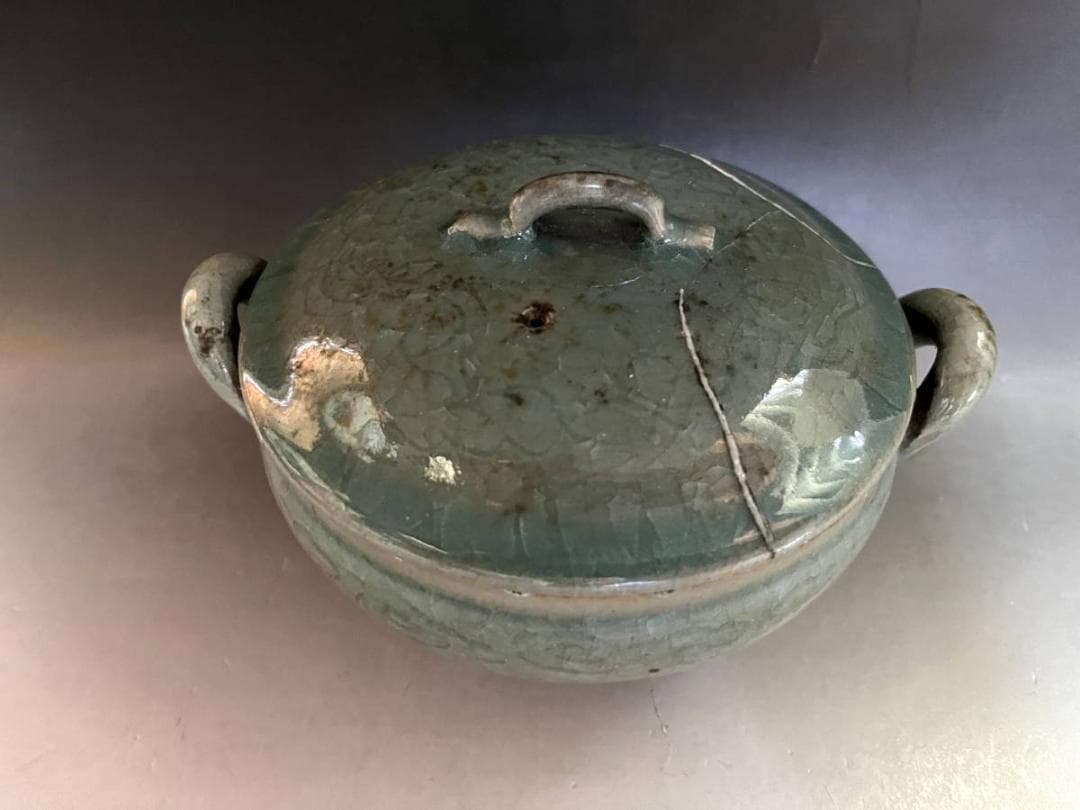 鉢■青磁氷結紋 蓋物 喰籠 高麗青磁 耳付き 直し有り 植木鉢 時代物 骨董■