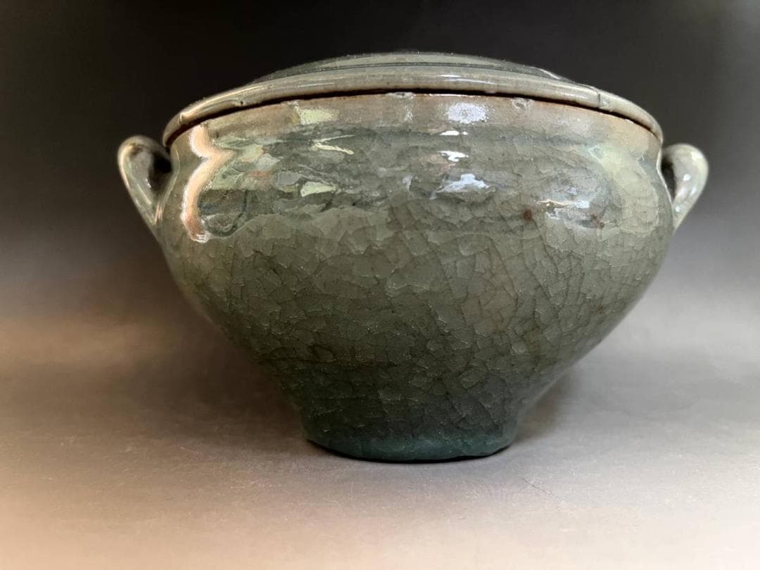 鉢■青磁氷結紋 蓋物 喰籠 高麗青磁 耳付き 直し有り 植木鉢 時代物 骨董■