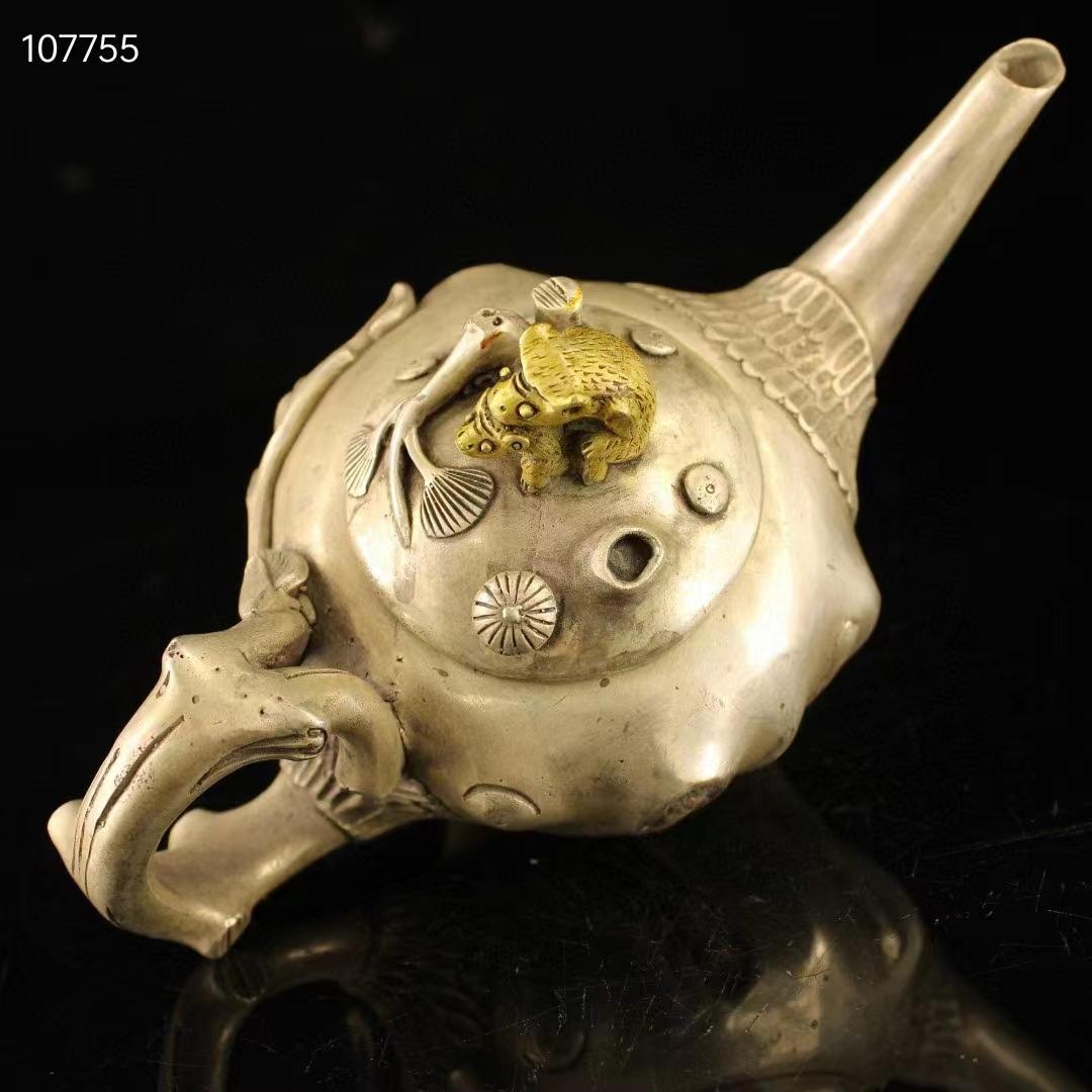 中国古美術· 珍蔵純銅製・純手作り·鎏金鎏銀端把纏枝ネズミ壺・文房具·置物·賞物