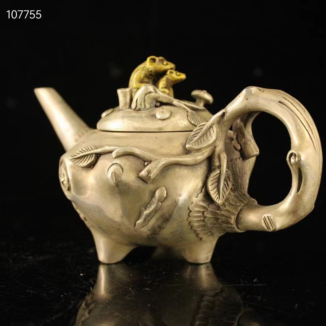 中国古美術· 珍蔵純銅製・純手作り·鎏金鎏銀端把纏枝ネズミ壺・文房具·置物·賞物