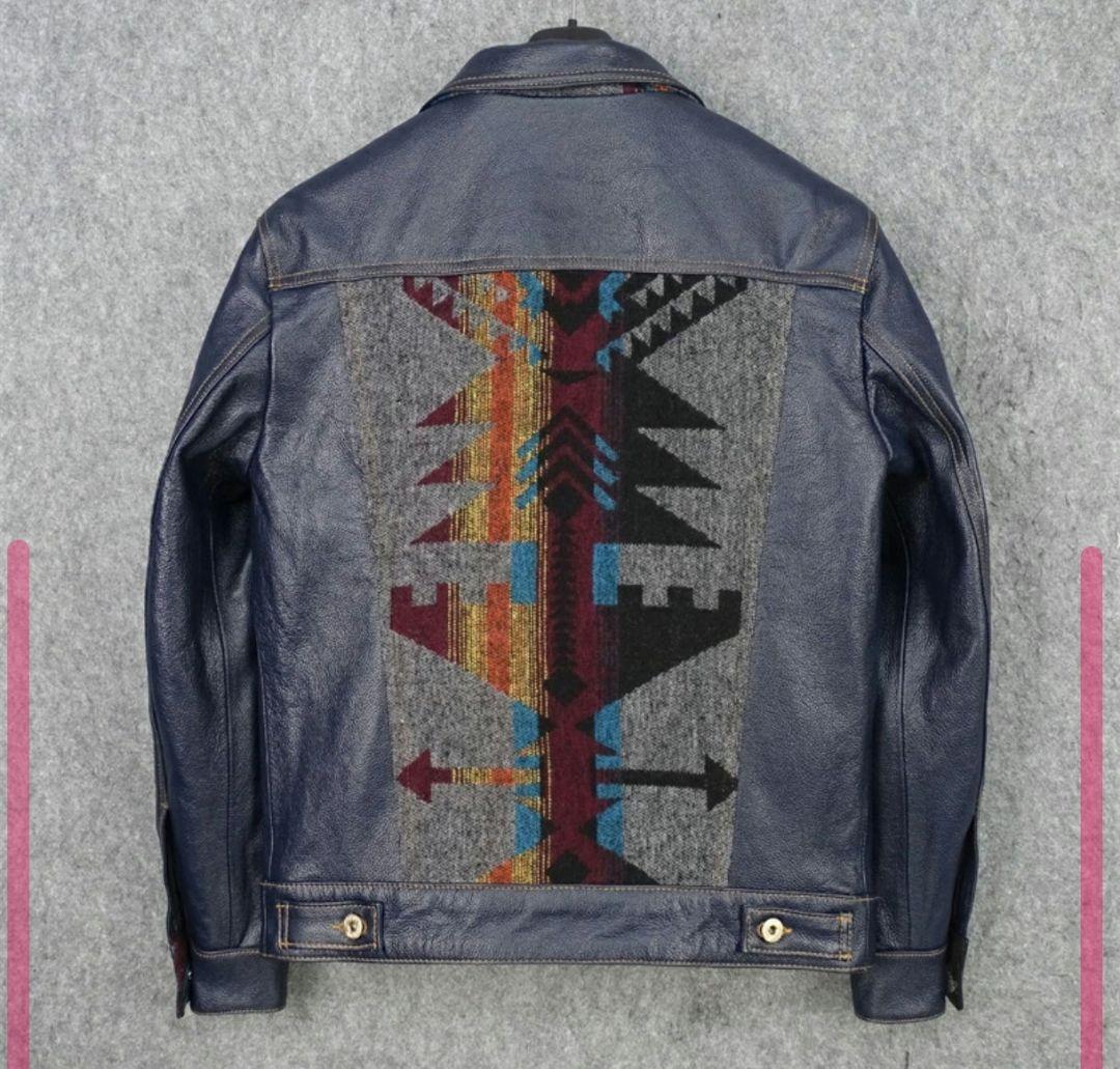 ダークブルー レザージャケット ナバホ柄