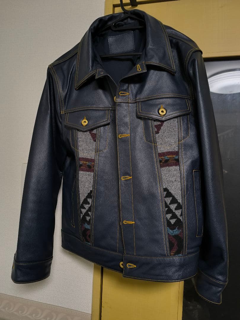 ダークブルー レザージャケット ナバホ柄