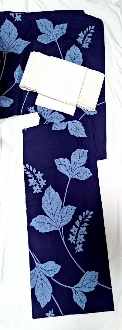 あやのん★百貨店仕立浴衣葉柄花柄藍色ネイビーくすみブルー注染紺地紺色高島屋