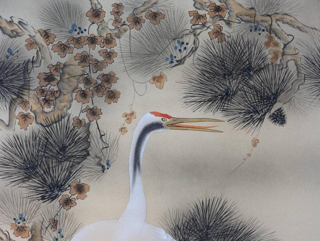 【真作】掛軸　松上鶴　吉祥の象徴　二羽の鶴と老松　共箱入　S112