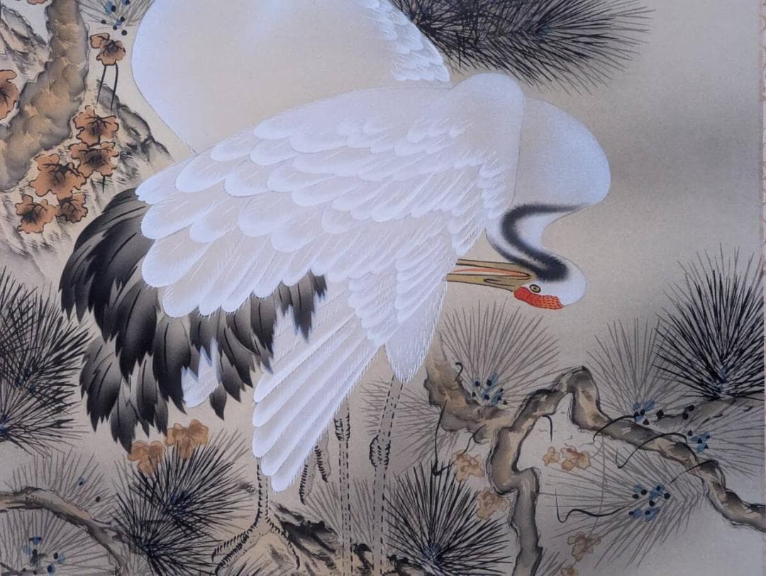 【真作】掛軸　松上鶴　吉祥の象徴　二羽の鶴と老松　共箱入　S112