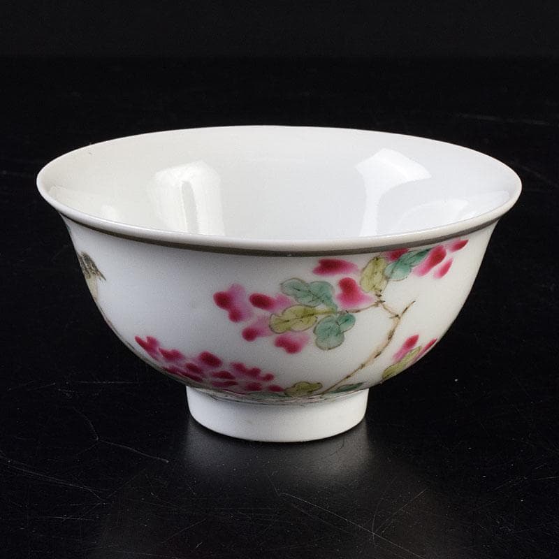 中国　粉彩漢詩花鳥文　煎茶碗　C　R8963