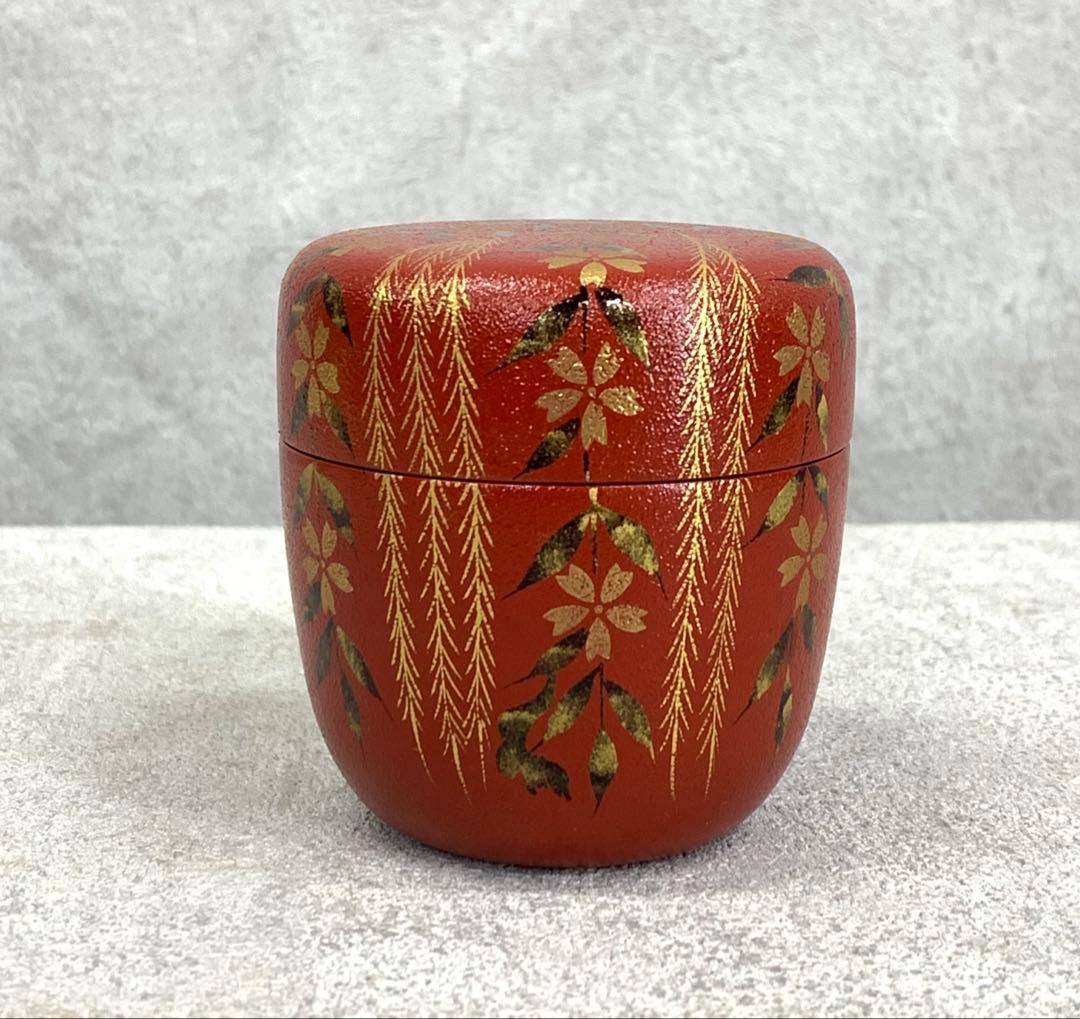 中棗 中村湖彩 しだれ桜 共箱 叩塗 蒔絵 赤 春 金 茶道具 茶の湯 B-8