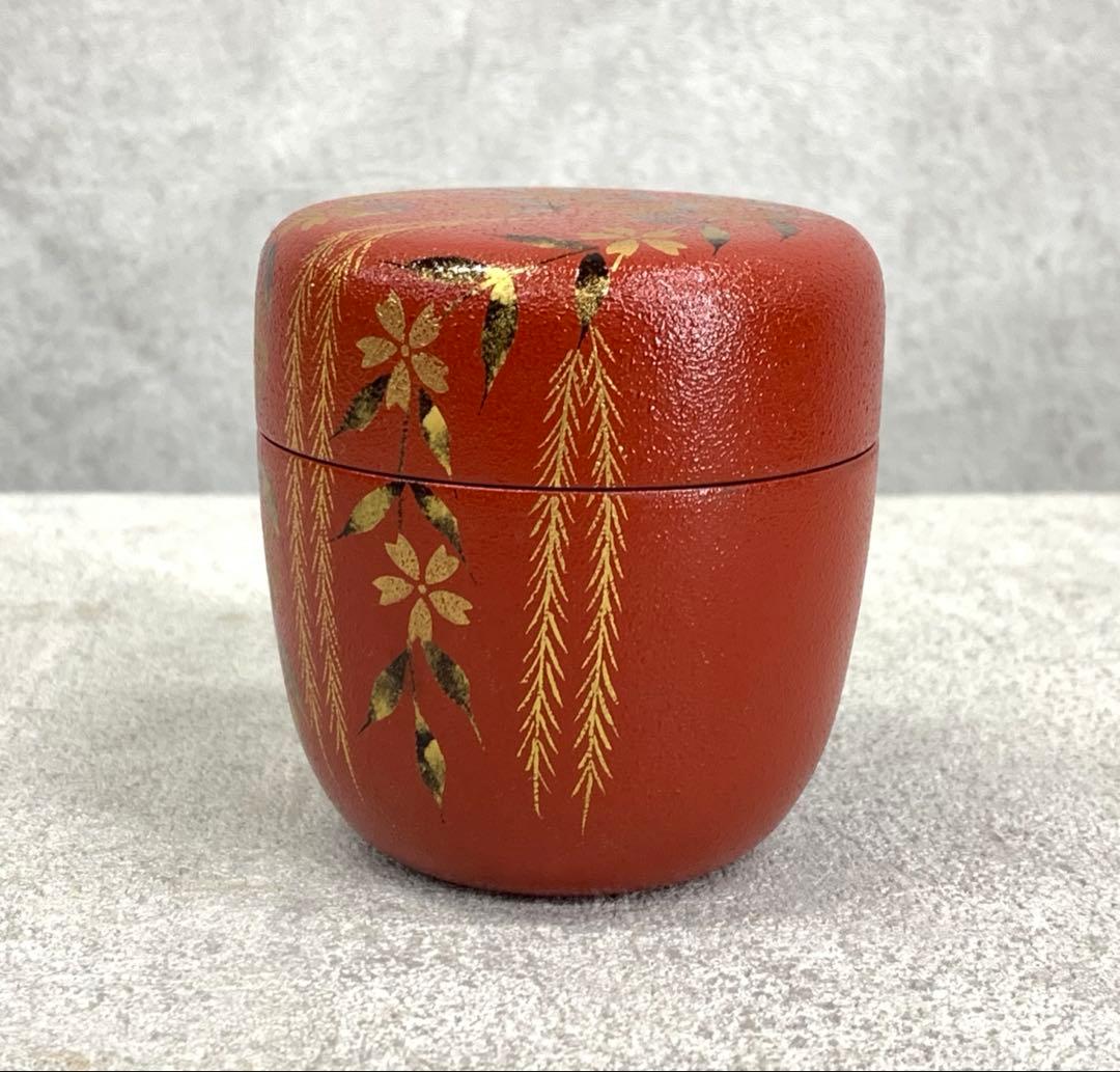 中棗 中村湖彩 しだれ桜 共箱 叩塗 蒔絵 赤 春 金 茶道具 茶の湯 B-8