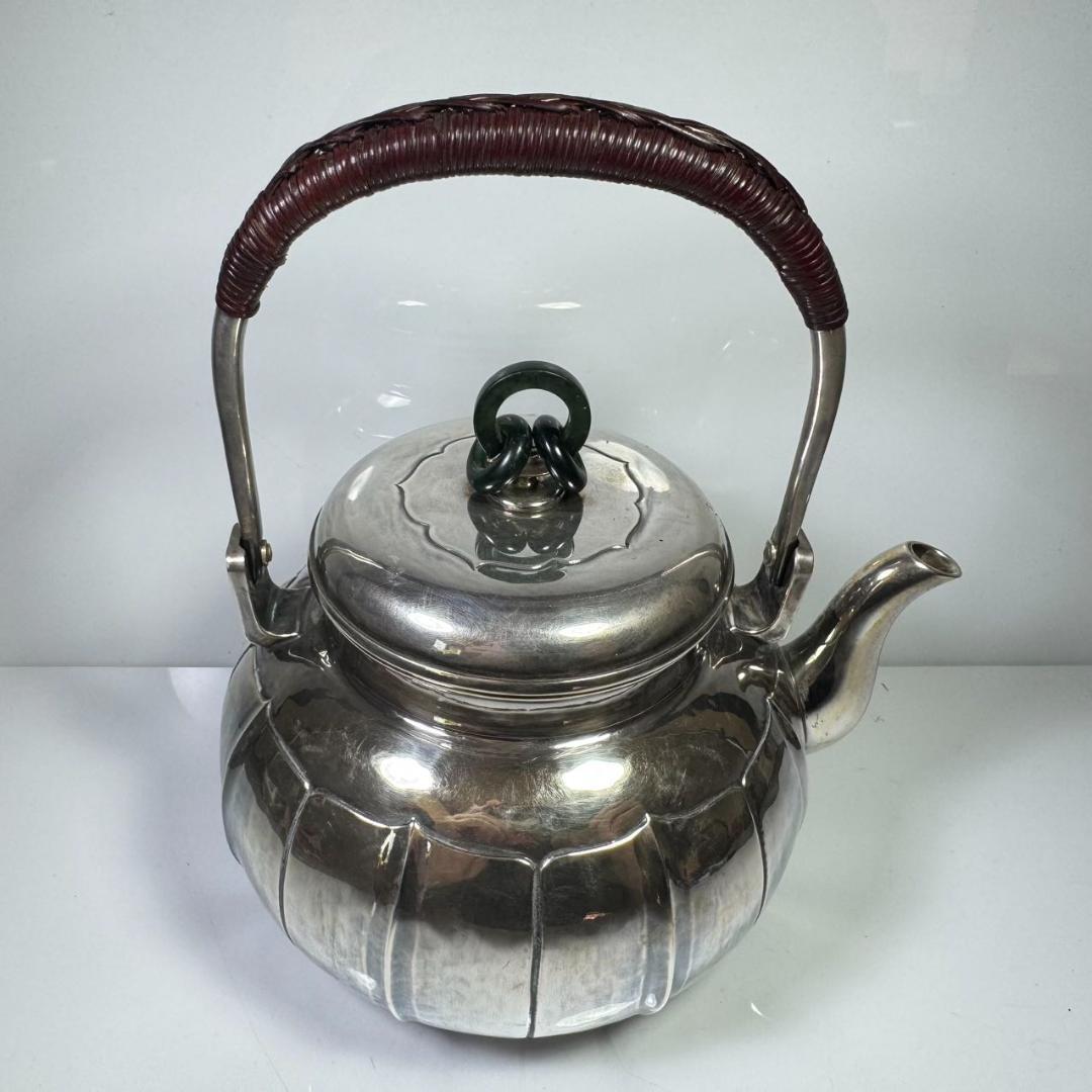 純銀製 一晃斎造 三連環貴石摘 湯沸 煎茶 銀瓶 古美術品 やかん 純銀保証