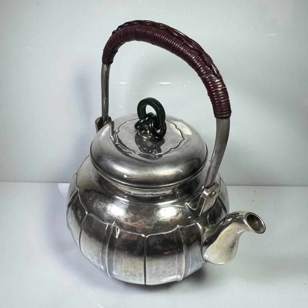 純銀製 一晃斎造 三連環貴石摘 湯沸 煎茶 銀瓶 古美術品 やかん 純銀保証