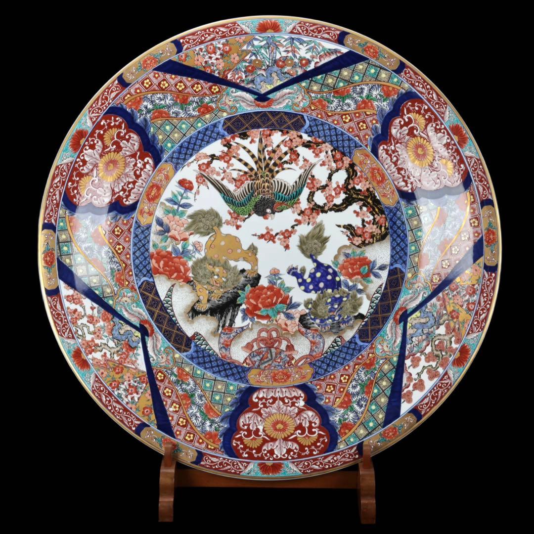 有田焼 神右エ門作 特大染綿唐獅子図大皿 飾皿 99.5㎝ 皿立付 骨董 古美術