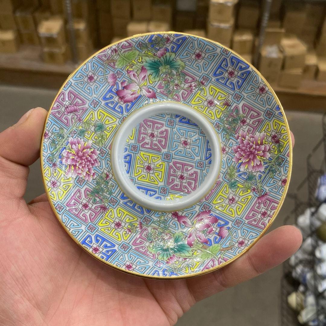 中国茶器 錦繡蓮花牡丹蓋碗 景徳镇 蓋付き茶器 飲茶食器 煎茶具 未使用品