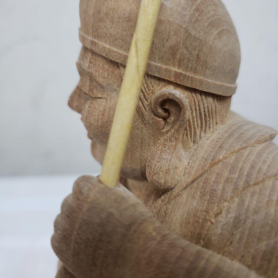 Ｂフライデー蔵出し特価縁起物七福神楠材恵比寿像えべっさん身丈23cm棹先34cm