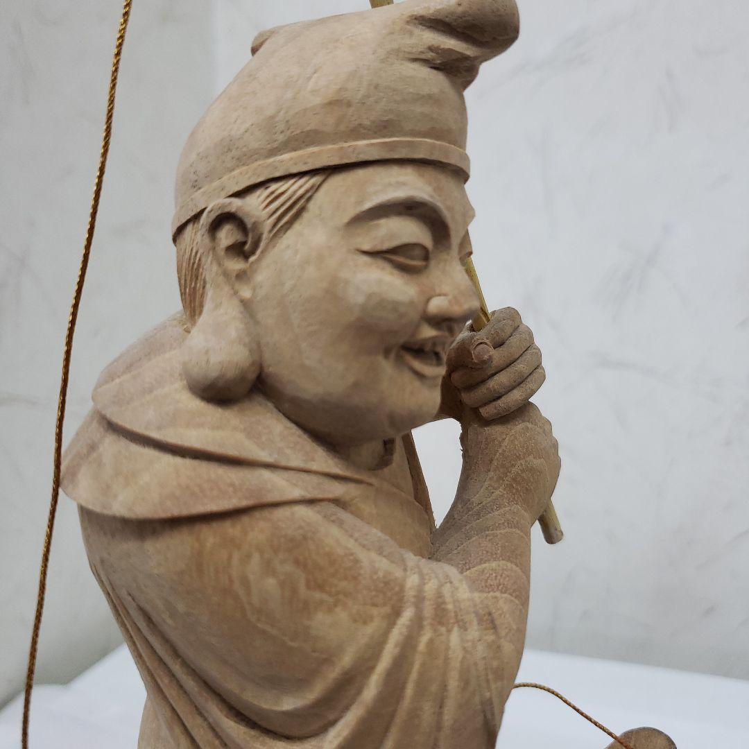 Ｂフライデー蔵出し特価縁起物七福神楠材恵比寿像えべっさん身丈23cm棹先34cm