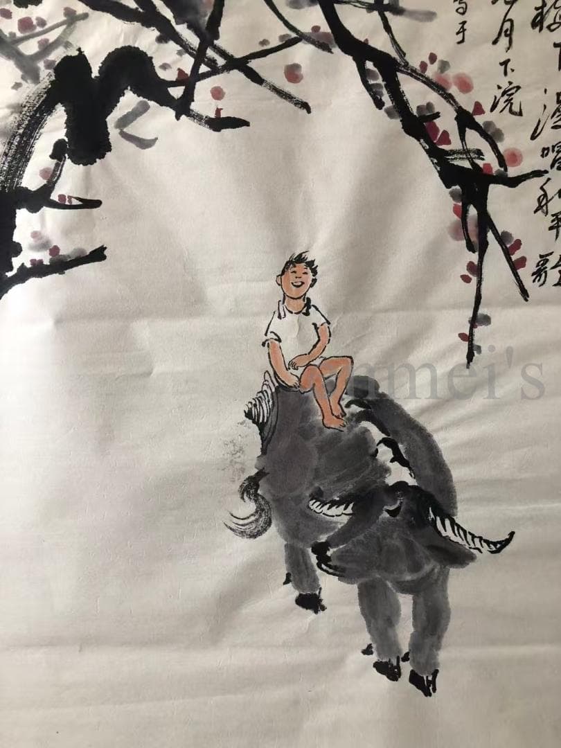 中国古美術・純手描き牧牛図三尺画芯・水墨画・李可染印款・書道品・宣紙・带水印