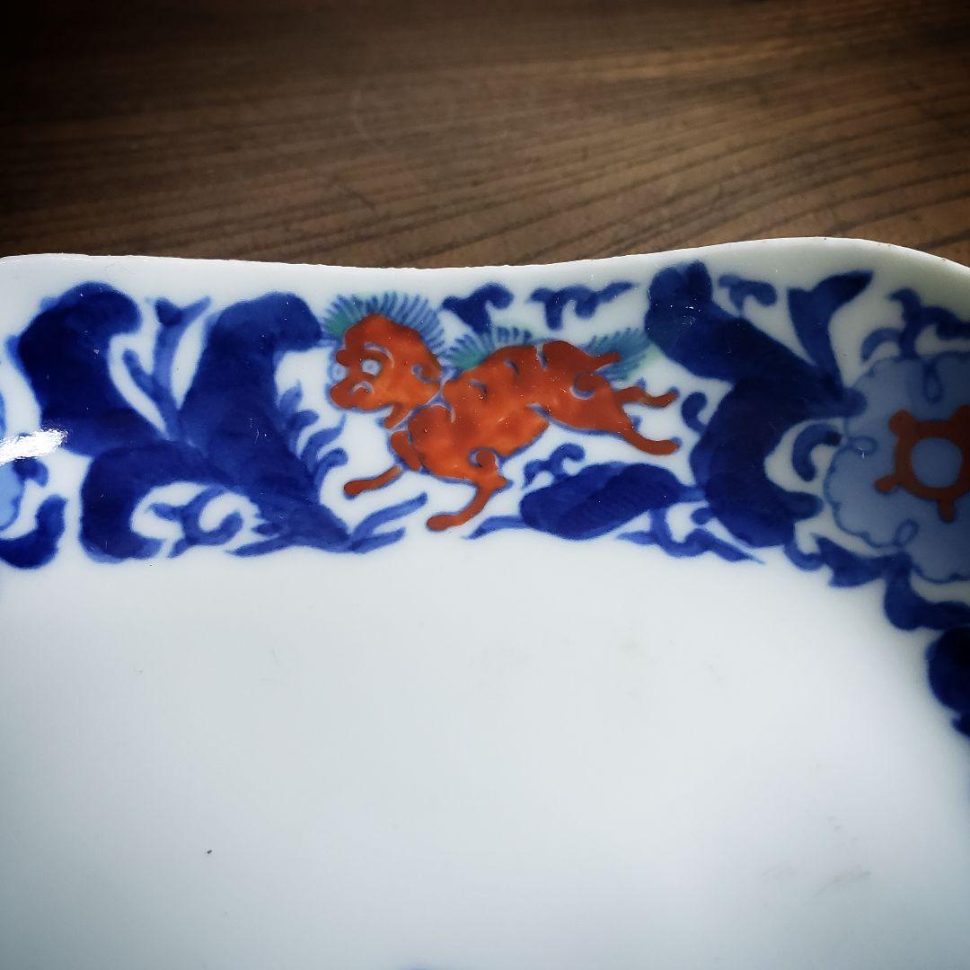 角皿　古伊万里　色絵　獅子　麒麟　七宝紋　唐花草　銘　明治　大正　訳あり