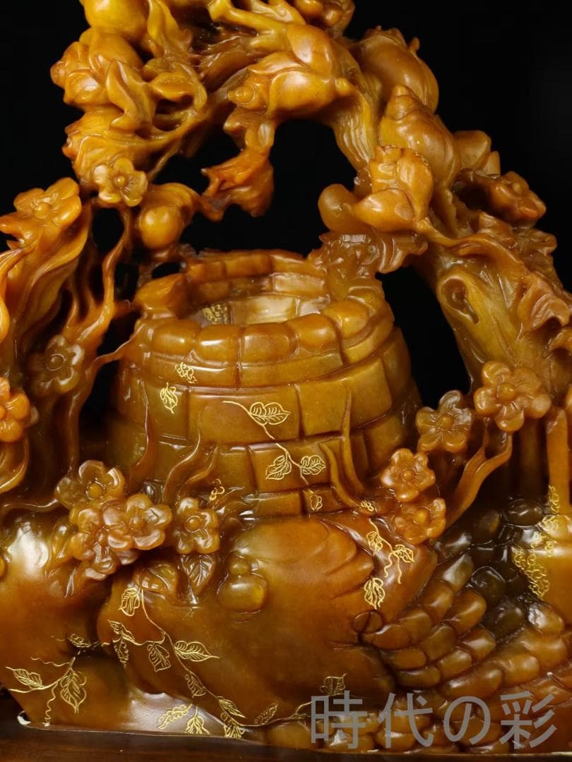 中国古美術【田黄石 錦上添花】篆刻家 醉石作款 鏤空細工 手彫り 細作 在銘