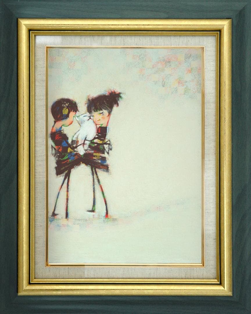 油絵 菅家令子 絵 絵画インテリア 額付(銀) F4-072619 子猫と女の子