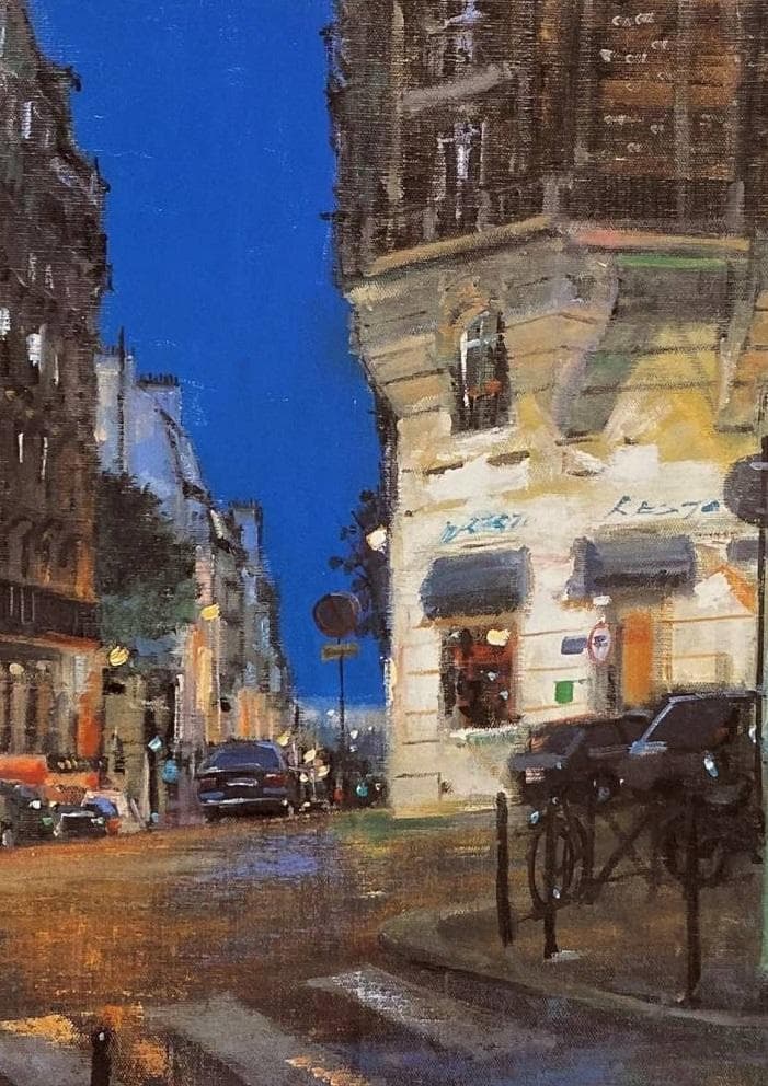 中西繁【夜のルピック通り（パリ）】希少な額装用画集より、新品額装、マット額装付