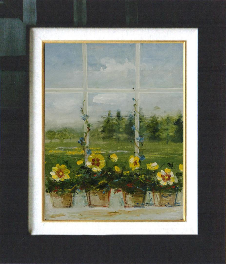 油絵 菅家令子 絵 絵画インテリア 額付(青緑＋金色の枠)F4-070402 花