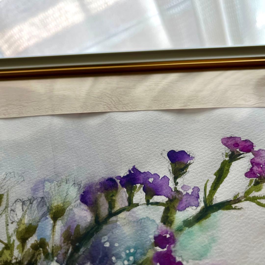 水彩画 原画 花 フラワー 井上美香代 真作 絵画 白菊 スターチス 浄化 開運
