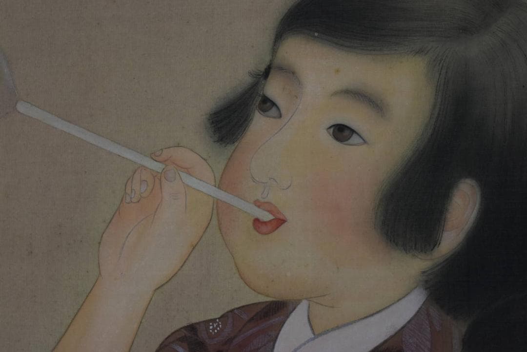 【真作】松影/少女図/シャボン玉/横物/掛軸/名家伝来/AA-294