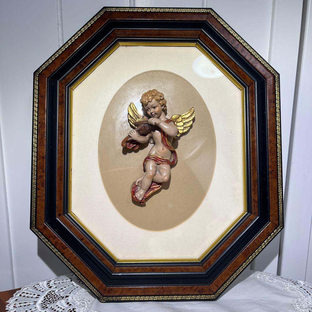 【ヴィンテージ 】バイオリンを弾く天使 立体像 天使 木製額