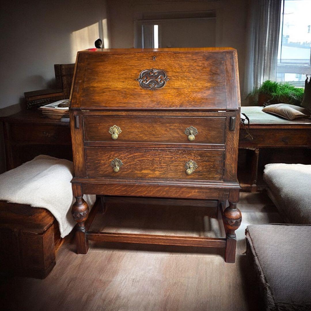 英国 アンティーク家具 ライティングビューロー オーク 1920年代 真鍮