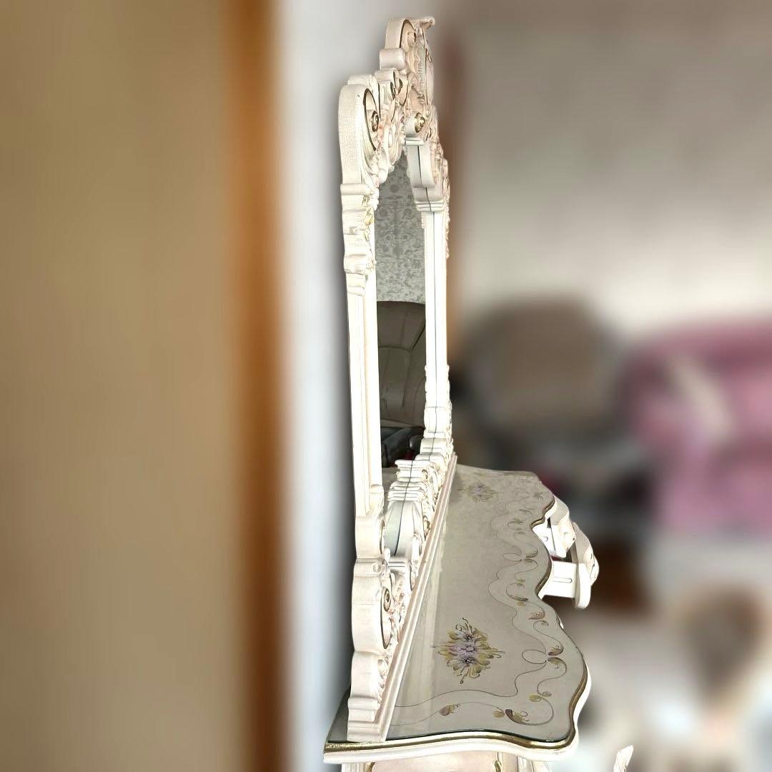 ロココ調のピンクのドレッサー ミラー、椅子 3点セット