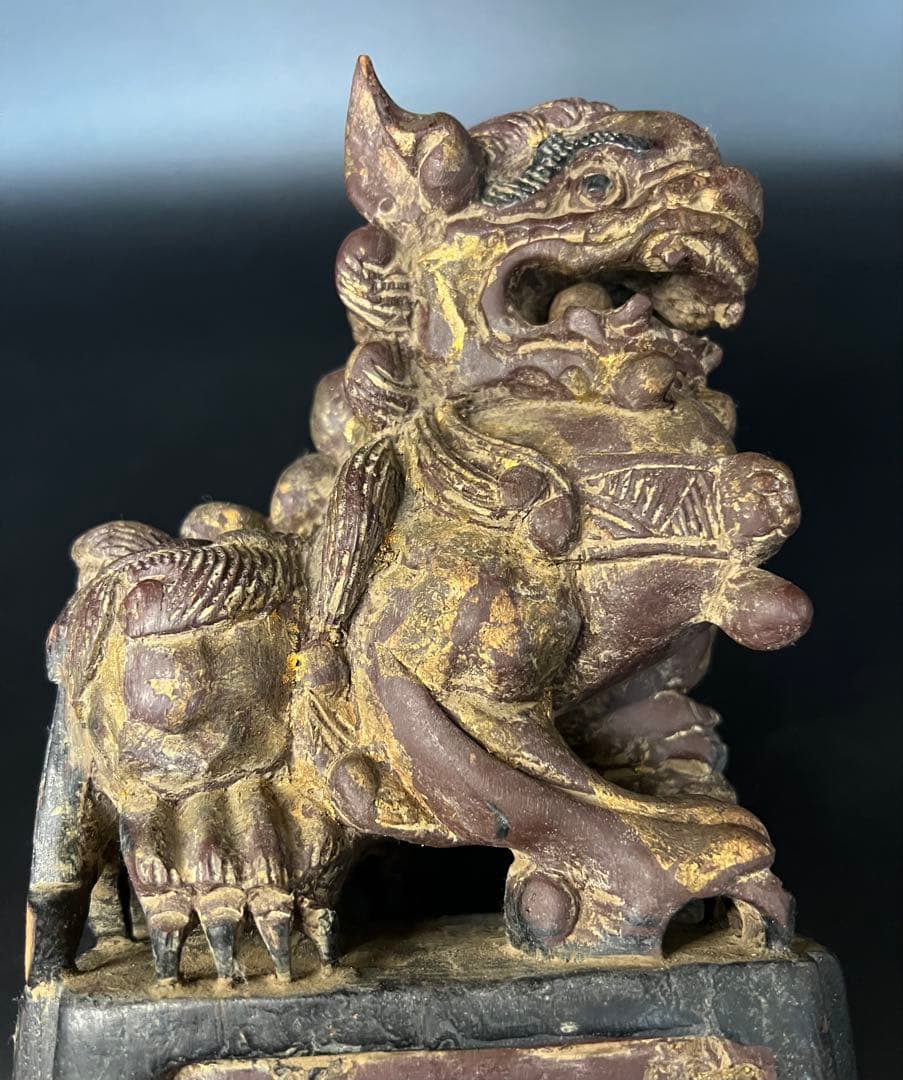 ◎古道具 庵々◎清朝中後期 木彫 守護獅子置物◎狛犬 唐物中国古美術 骨董古寺院