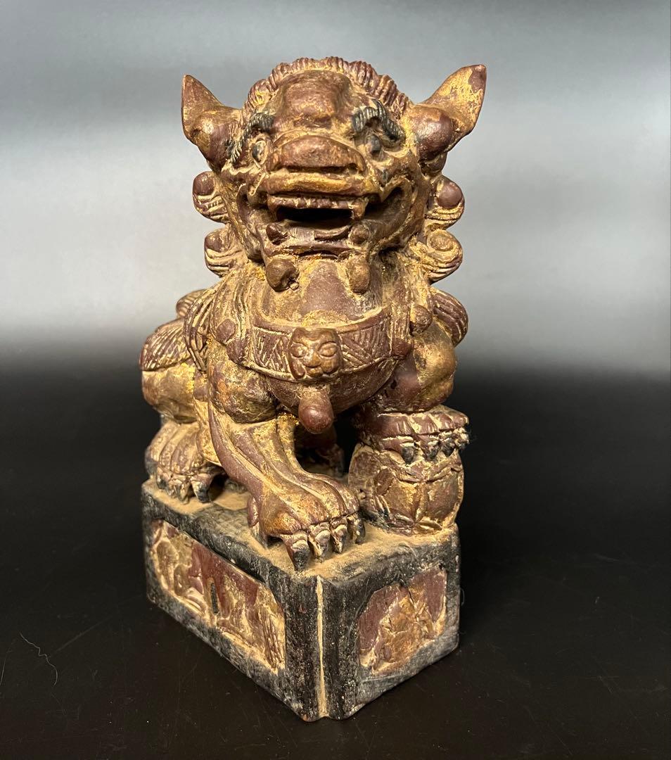 ◎古道具 庵々◎清朝中後期 木彫 守護獅子置物◎狛犬 唐物中国古美術 骨董古寺院