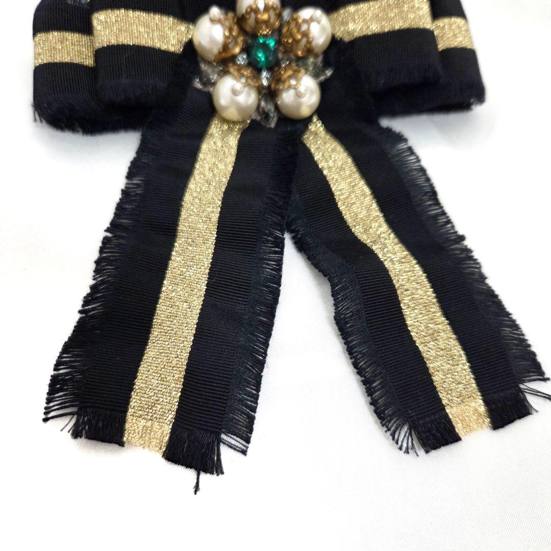 ✨レア GUCCI リボン ブローチ パール ブラック ゴールド