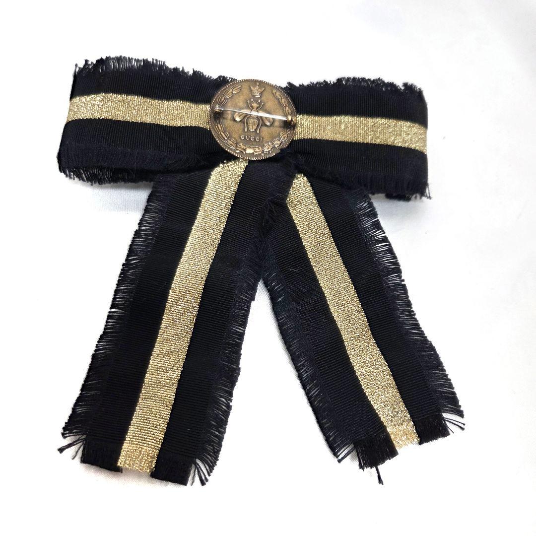 ✨レア GUCCI リボン ブローチ パール ブラック ゴールド
