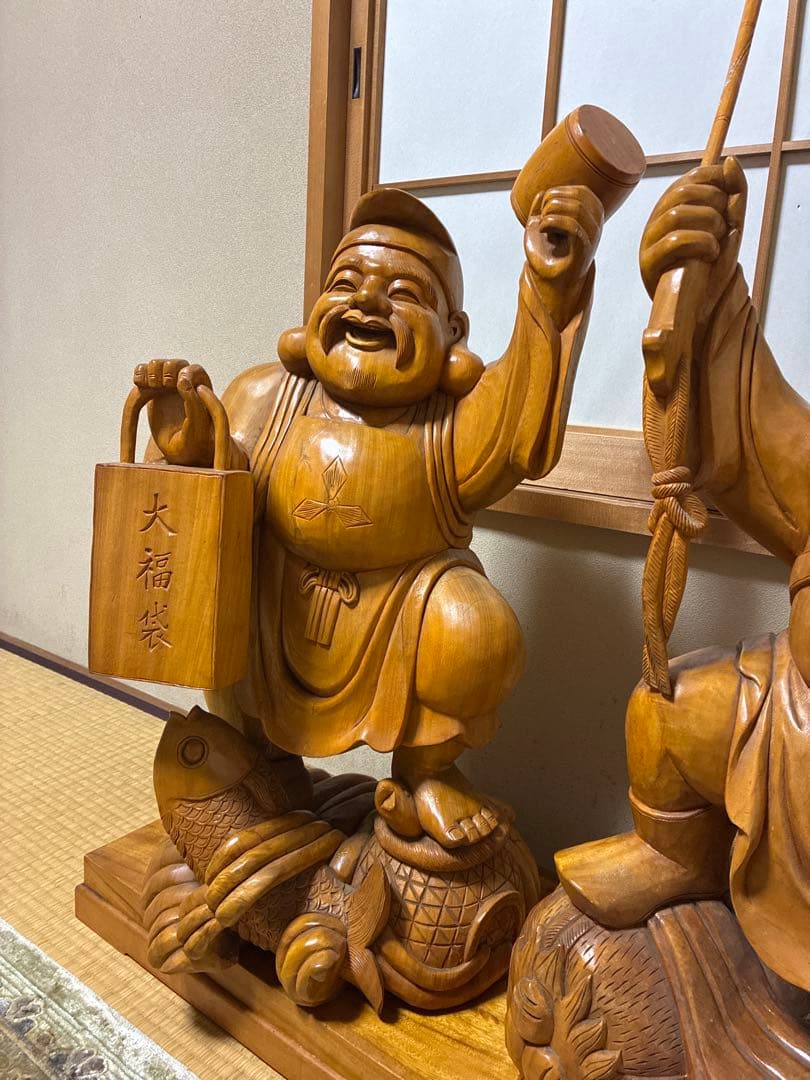 値下げ対応　アンティーク金絲楠木 恵比寿大黒天 木の手彫り一対 80cm 大型