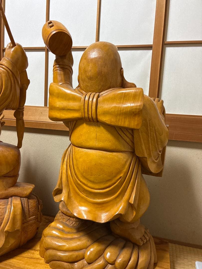 値下げ対応　アンティーク金絲楠木 恵比寿大黒天 木の手彫り一対 80cm 大型