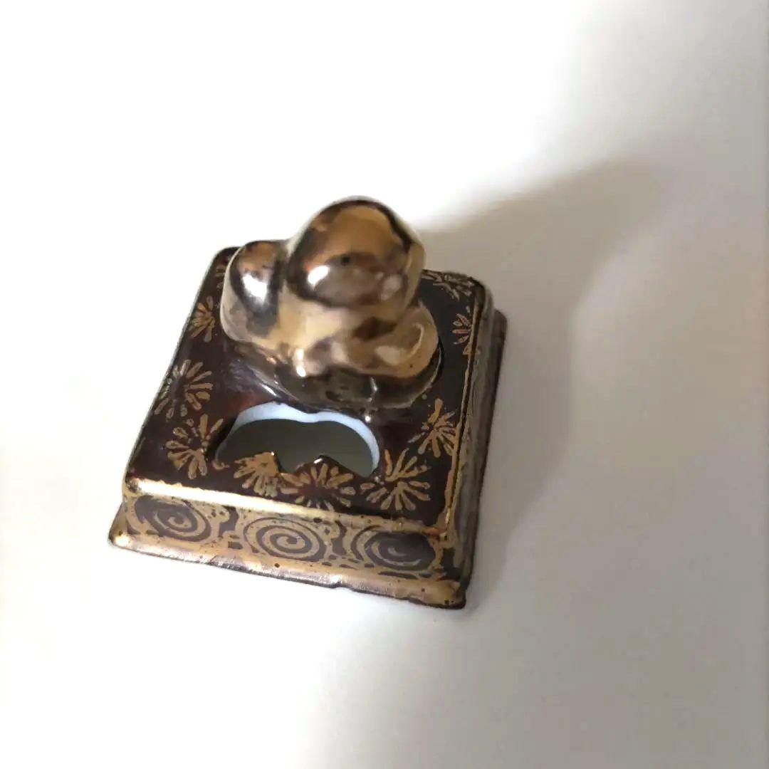 九谷焼　宝岳　ミニ　香炉　青粒金彩　梅 　アンティーク　レア