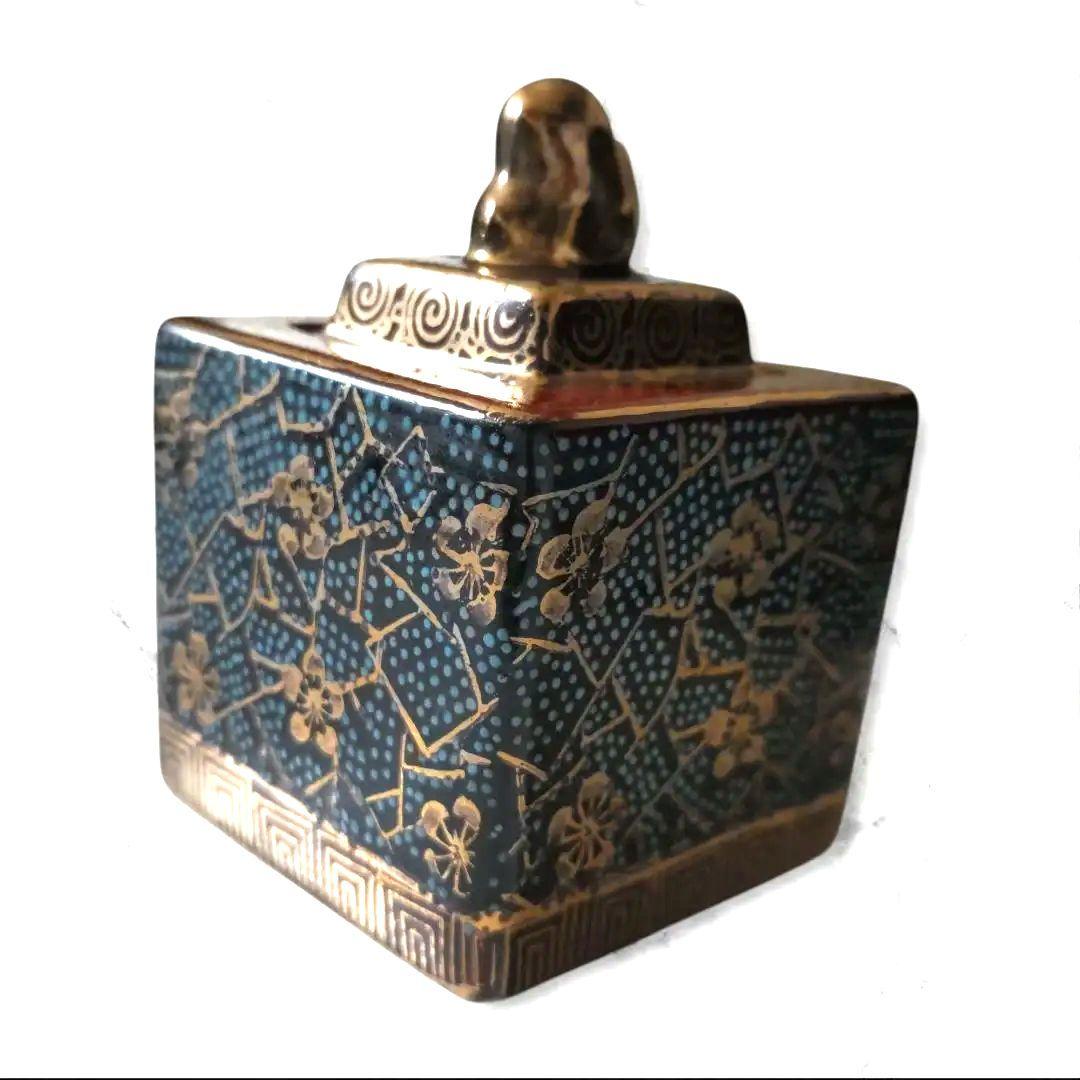 九谷焼　宝岳　ミニ　香炉　青粒金彩　梅 　アンティーク　レア