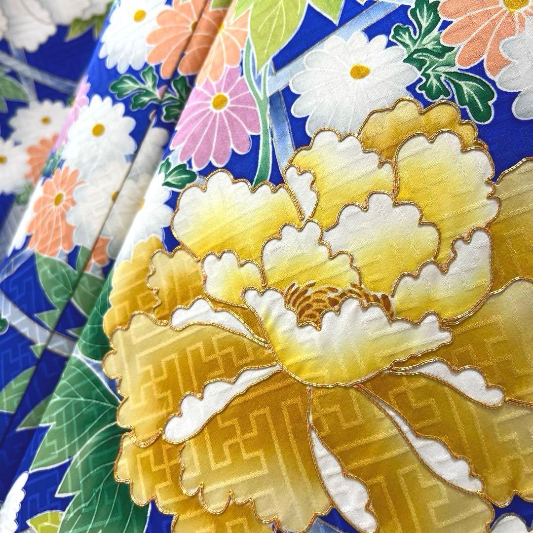 364 振袖フルセット 正絹 青 ブルー 黄色 オレンジ 金彩 駒刺繍 華やか