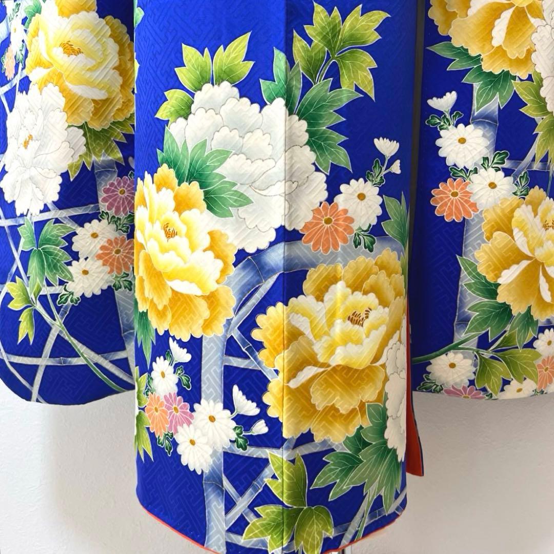 364 振袖フルセット 正絹 青 ブルー 黄色 オレンジ 金彩 駒刺繍 華やか